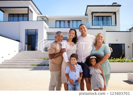 Children, moving and family with smile for their new home and happy on their property. Portrait of young man and woman, parents and kids with happiness after buying their own house with mockup space Children, moving and family with smile for their new home and happy on their property. Portrait of young man and woman, parents and kids with happiness after buying their own house with mockup space 123803701