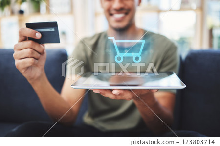 Tablet, credit card or online shopping 3d cart for man in house, home or living room lockdown. Zoom, hands or happy smile customer with e commerce technology, bank payment or ecommerce ai order 123803714