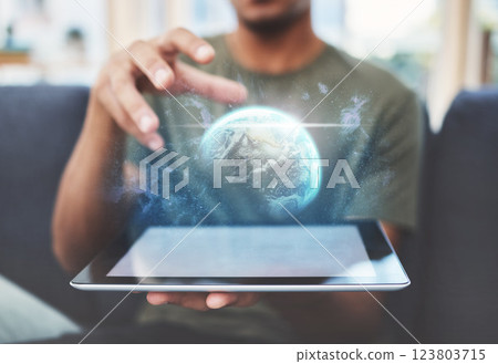 Hologram, global and tablet with hands of man for technology abstract, augmented reality and networking with digital innovation. Data, future and cyber galaxy user for vision, website and internet 123803715