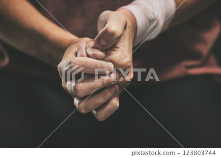 Hands, anxiety and nervous woman and mental health, stress or repetition behavior disorder in home, house and suicide psychology asylum. Zoom, depression patient and fear in counseling rehabilitation Hands, anxiety and nervous woman and mental health, stress or repetition behavior disorder in home, house and suicide psychology asylum. Zoom, depression patient and fear in counseling rehabilitation 123803744