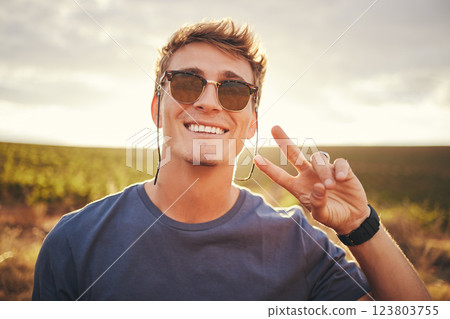 Nature, hand and peace with a man in a field of green grass with a blue sky or sunset background for travel. Summer, vacation and freedom with a male posing during roadtrip holiday with a hands sign 123803755