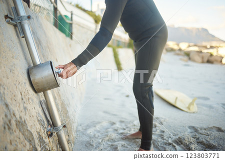 Beach, surfer man and shower after surfing by ocean to clean surfboard on holiday, vacation or summer trip. Surf, washing and hygiene of male at sandy seashore in Canada for water sports or exercise. Beach, surfer man and shower after surfing by ocean to clean surfboard on holiday, vacation or summer trip. Surf, washing and hygiene of male at sandy seashore in Canada for water sports or exercise. 123803771