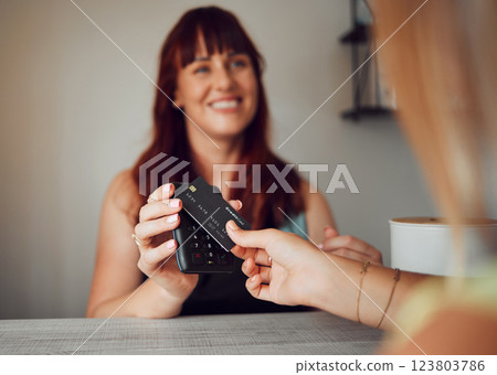 Credit card, cafe customer and rfid payment at cashier, waiter service and point of sale machine. Worker hands process finance, money and retail shopping, cash register and fintech pos in coffee shop Credit card, cafe customer and rfid payment at cashier, waiter service and point of sale machine. Worker hands process finance, money and retail shopping, cash register and fintech pos in coffee shop 123803786