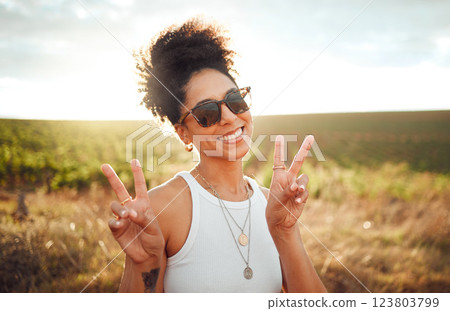 Black woman smile, peace hand sign and happy countryside nature at summer sunset. African American girl, portrait of calm young beauty and happiness on a travel holiday trip to South Africa wine farm Black woman smile, peace hand sign and happy countryside nature at summer sunset. African American girl, portrait of calm young beauty and happiness on a travel holiday trip to South Africa wine farm 123803799