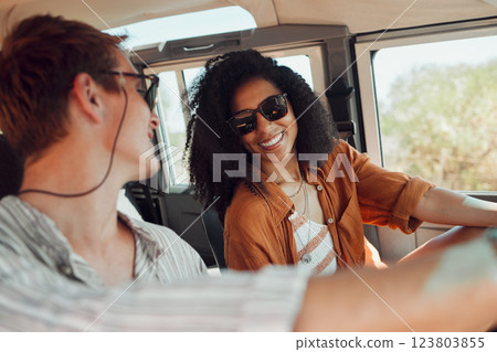 Happy, love and couple on a road trip in a car for travel together in marriage in nature during summer. Relax, smile and young man and woman on a drive in the countryside for peace and adventure 123803855