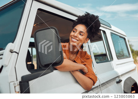 Road trip travel, black woman and window freedom to relax in camping car, summer countryside and vacation adventure in Africa. Happy young female stop on van driving journey in nature for inspiration Road trip travel, black woman and window freedom to relax in camping car, summer countryside and vacation adventure in Africa. Happy young female stop on van driving journey in nature for inspiration 123803863