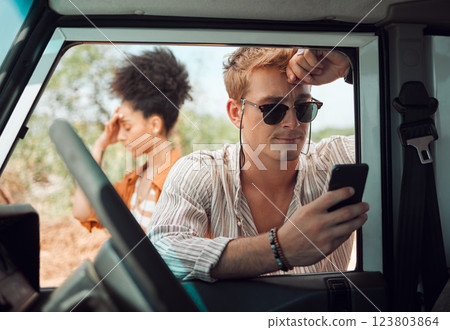 Couple lost, road trip and stress with smartphone worry about gps 5g communication to get location help online. Summer safari holiday, confused people in desert and frustrated on vacation together Couple lost, road trip and stress with smartphone worry about gps 5g communication to get location help online. Summer safari holiday, confused people in desert and frustrated on vacation together 123803864