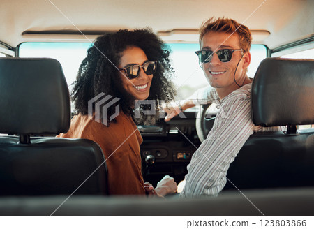 Couple, travel and adventure, happy in car on roadtrip during summer vacation for bonding and healthy relationship. Young man and black woman, transportation and romantic date together in portrait. 123803866