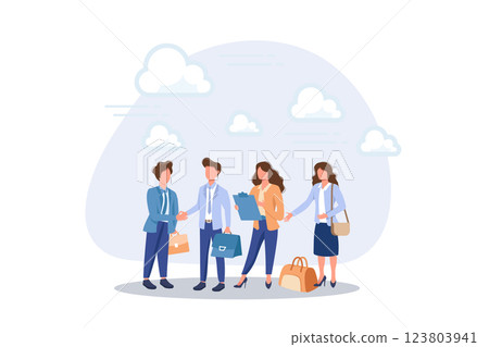 Onboarding new employee, introduce new hire to colleagues, warm welcome to new office, orientation training on first day concept. Flat vector modern illustration Onboarding new employee, introduce new hire to colleagues, warm welcome to new office, orientation training on first day concept. Flat vector modern illustration 123803941