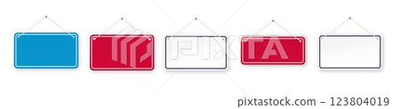 Red and blue shop door signs hanging isolated . Empty or blank sign for store, restaurant or cafe. Vector illustration Red and blue shop door signs hanging isolated . Empty or blank sign for store, restaurant or cafe. Vector illustration 123804019