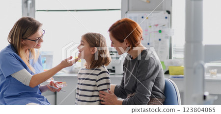 Girl is learning about toothcare during a routine checkup at the dental clinic. Girl is learning about toothcare during a routine checkup at the dental clinic. 123804065