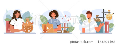 Laboratory equipment and science set. Concept for science, medicine and knowledge. Flat vector illustration 123804168