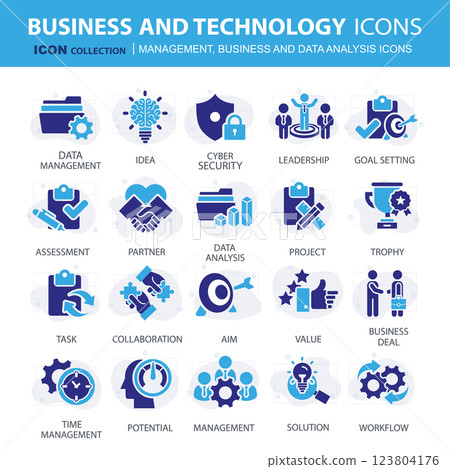 Business, data analysis, organization management and technology icon set. Teamwork, strategy, planning, marketing, cloud technology, data analysis, employee icon set. Icons vector collection 123804176
