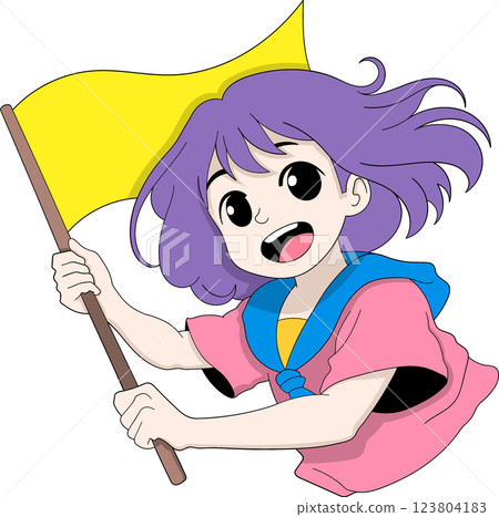 Cheerful Cartoon Girl Holding a Yellow Flag in a School Uniform 123804183