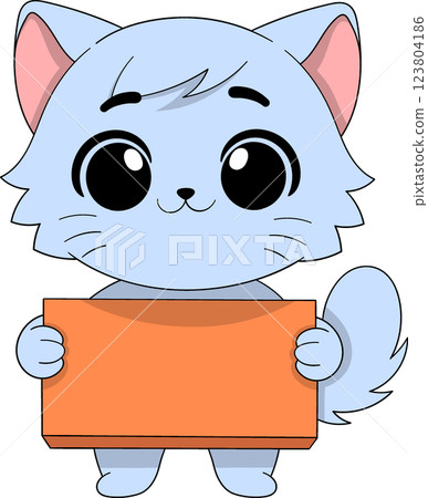 Cute Cartoon Cat Holding a Blank Orange Sign for Custom Text Cute Cartoon Cat Holding a Blank Orange Sign for Custom Text 123804186