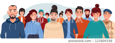 Join our team. Teamwork, cooperation, friendship concept. Multicultural team. Unity in diversity. People of different nationalities and religions cartoon characters. 123804198
