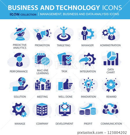 Business, data analysis, organization management and technology icon set. Teamwork, strategy, planning, marketing, cloud technology, data analysis, employee icon set. Icons vector collection Business, data analysis, organization management and technology icon set. Teamwork, strategy, planning, marketing, cloud technology, data analysis, employee icon set. Icons vector collection 123804202