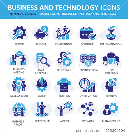 Business, data analysis, organization management and technology icon set. Teamwork, strategy, planning, marketing, cloud technology, data analysis, employee icon set. Icons vector collection 123804204