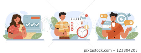 Management set. Project manager, company ceo idea. Successful strategy development and business planning. Motivation and leadership. Flat vector illustration 123804205