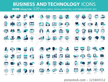 120 Business, data analytics, organization management icons. Social media, digital marketing, customer support and seo icon set. Vector icon collection 123804312
