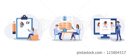 Employee evaluation, assessment form and report, performance review concept collection of scenes. Employer meeting job applicant at pre-employment assessment. Flat vector modern illustration 123804317