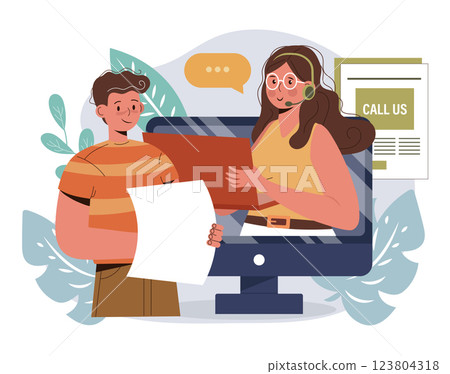 Live support concept. Business customer care service concept. Icon for contact us, support, help, phone call and website click. Flat vector illustration. 123804318