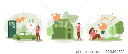 Green energy illustration set. Characters showing eco private house, electric car and green circular economy benefits. Renewable energy concept. Vector illustration. 123804321