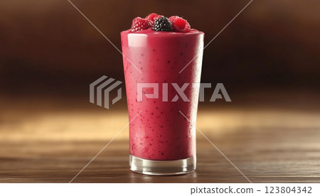 Selective Focus On Raspberry Smoothie Topped With Fresh Berries On A Wooden Table For A Refreshing And Fruity Presentation. 123804342