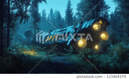 Glowing Turbines And Wrecked Spaceship In Spruce Forest: A Low-Poly Night Scene Illuminated By Searchlights With Furrow In Ground. Glowing Turbines And Wrecked Spaceship In Spruce Forest: A Low-Poly Night Scene Illuminated By Searchlights With Furrow In Ground. 123804379
