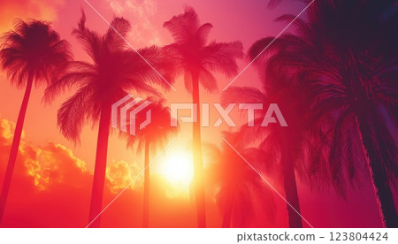 Palms Silhouettes Against Sunset Sky: A Retrofuturism-Inspired Rave Party Flyer Template With 1980s-1990s Neon Aesthetics And Futuristic Synthwave/Retro Wave Theme. Palms Silhouettes Against Sunset Sky: A Retrofuturism-Inspired Rave Party Flyer Template With 1980s-1990s Neon Aesthetics And Futuristic Synthwave/Retro Wave Theme. 123804424