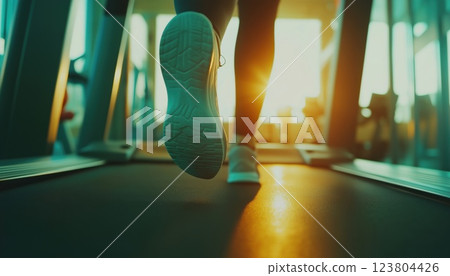 Young Woman Running On Treadmill In Fitness Center With Sunlight, Focus On Her Foot In Close-Up Shot. 123804426