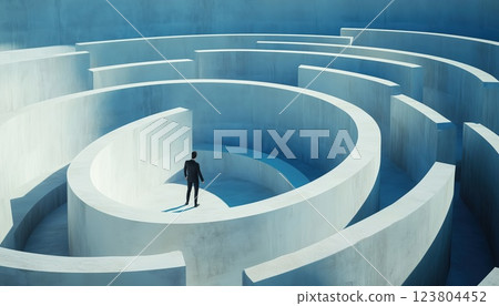 Man Trapped In A Never-Ending Maze, Surrounded By Surreal And Abstract Elements, Desperately Trying To Find A Way Out. 123804452