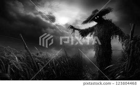 Surreal Scarecrow In Eerie Black And White: A Creepy And Unsettling Interpretation Of A Classic Halloween Character. 123804468