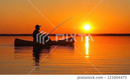 Man Fishing In A Canoe Beneath A Spectacular Sun. Enjoying The Beauty Of Nature While Catching Fish In The Peaceful River. 123804475