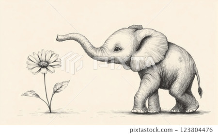 Adorable Elephant Holding A Flower Hand-Drawn Illustration - Perfect For T-Shirt Prints, Children'S Clothing, And Baby Shower Invitations. 123804476