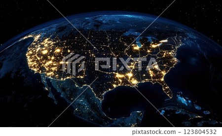 A Spectacular Night View Of Planet Earth With City Lights And Stars Seen From Space On The Americas Side. 123804532