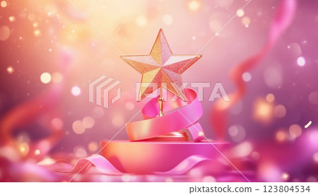 Shiny Gold Trophy Star On Podium With Ribbon Accents And Glitter Light Effects, Enhanced With Bokeh For Decorative Touch. 123804534