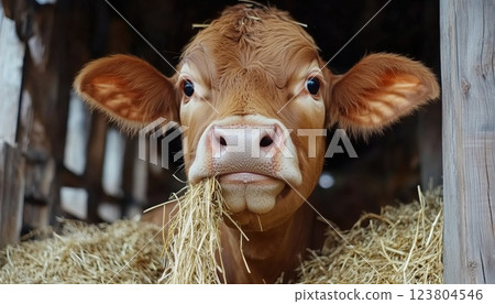 Red Jersey Dairy Cows Standing In Stall, Eating Hay: A Portrait Of Livestock Industry On A Dairy Farm Red Jersey Dairy Cows Standing In Stall, Eating Hay: A Portrait Of Livestock Industry On A Dairy Farm 123804546