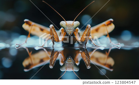 Adult Praying Mantis Hierodula Membranacea Displays Defensive Pose And Closeup Reflection In Title Case 123804547