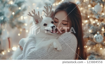 Happy Holidays: Woman Hugs Cute Dog In Reindeer Antlers By Stylish Christmas Tree In Festive Room, Celebrating Winter Together. Happy Holidays: Woman Hugs Cute Dog In Reindeer Antlers By Stylish Christmas Tree In Festive Room, Celebrating Winter Together. 123804558