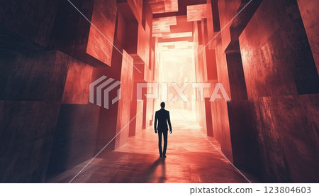 Man Navigates Through A Large And Intricate Maze In A Dream-Like Setting - A Surreal Experience Of Navigating A Labyrinth. 123804603
