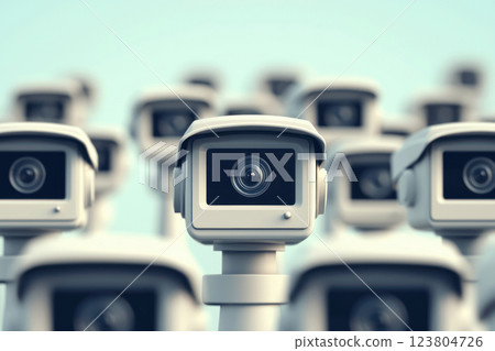 Surveillance cameras lined up, symbolizing security in modern society. 123804726