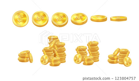 Realistic golden coins pile. Stacks of gold money, cash or treasure. Bank and finance. Investment, profit or gain. Copy space. Vector Realistic golden coins pile. Stacks of gold money, cash or treasure. Bank and finance. Investment, profit or gain. Copy space. Vector 123804757