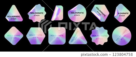 Holographic stickers. Hologram labels shapes. Holographic textured stickers for preview tags, labels. Sticker for design mockups. Vector Holographic stickers. Hologram labels shapes. Holographic textured stickers for preview tags, labels. Sticker for design mockups. Vector 123804758