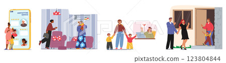 Babysitting service scene set with happy parents ordering professional help nanny in agency Babysitting service scene set with happy parents ordering professional help nanny in agency 123804844