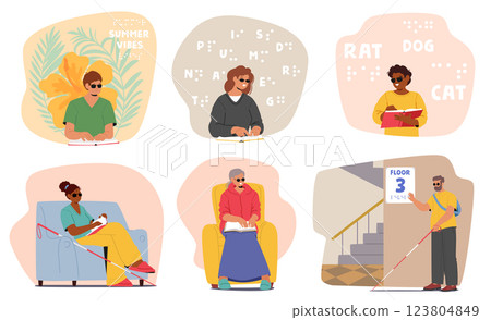 Blind people cartoon characters reading in Braille book or lettering with sensory perception set Blind people cartoon characters reading in Braille book or lettering with sensory perception set 123804849