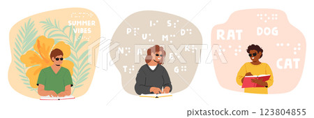 Adults and children cartoon characters reading book learning Braille special font isolated scene 123804855