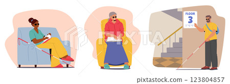 Blind people daily life, reading hobby with Braille, sensory perception usage for navigation 123804857