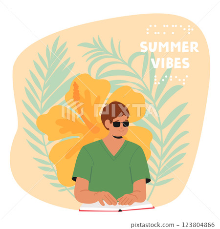 Positive blind man cartoon character wearing eyeglasses reading book using Braille summer vibes 123804866