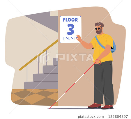 Blind man reading lettering of floor number with Braille special font determining his destination 123804897